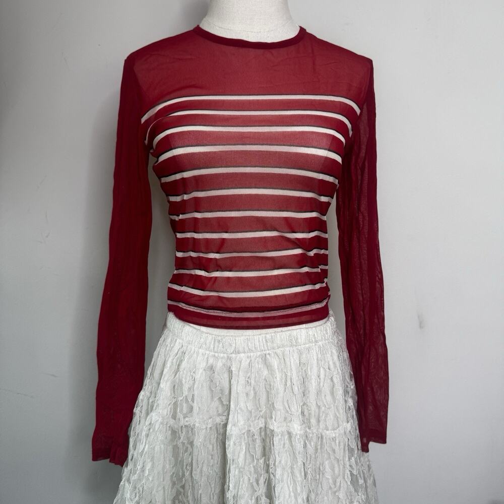 Vintage 90s Red Stripe Mesh Crop Top Sheer Fitted Long Sleeve Indie  M